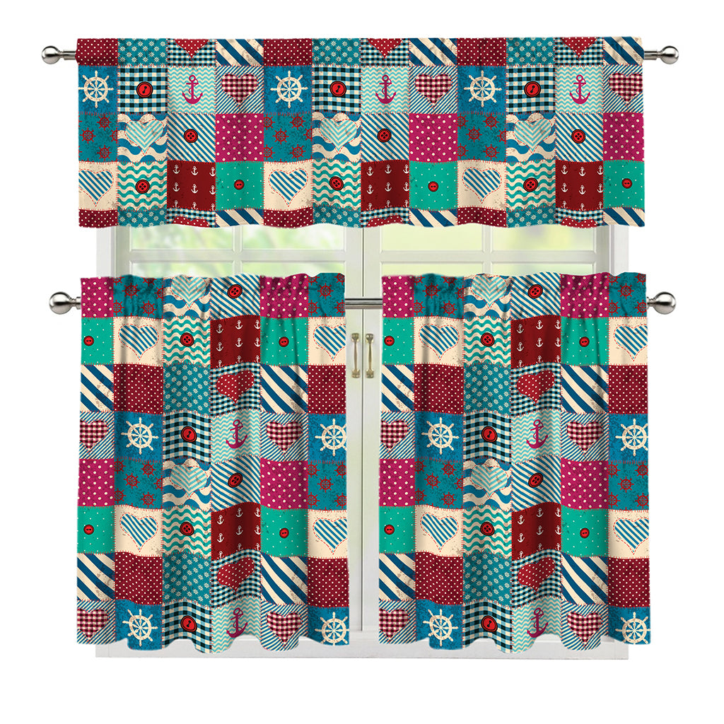 Retro Nautical Patchwork Pattern Print 3 Piece Kitchen Curtains
