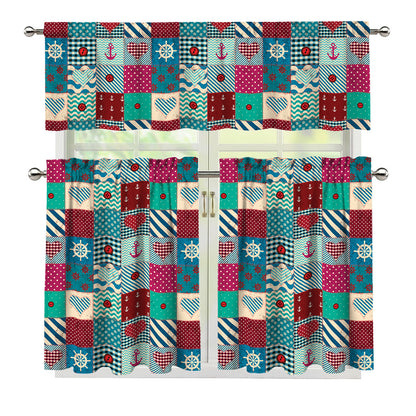 Retro Nautical Patchwork Pattern Print 3 Piece Kitchen Curtains