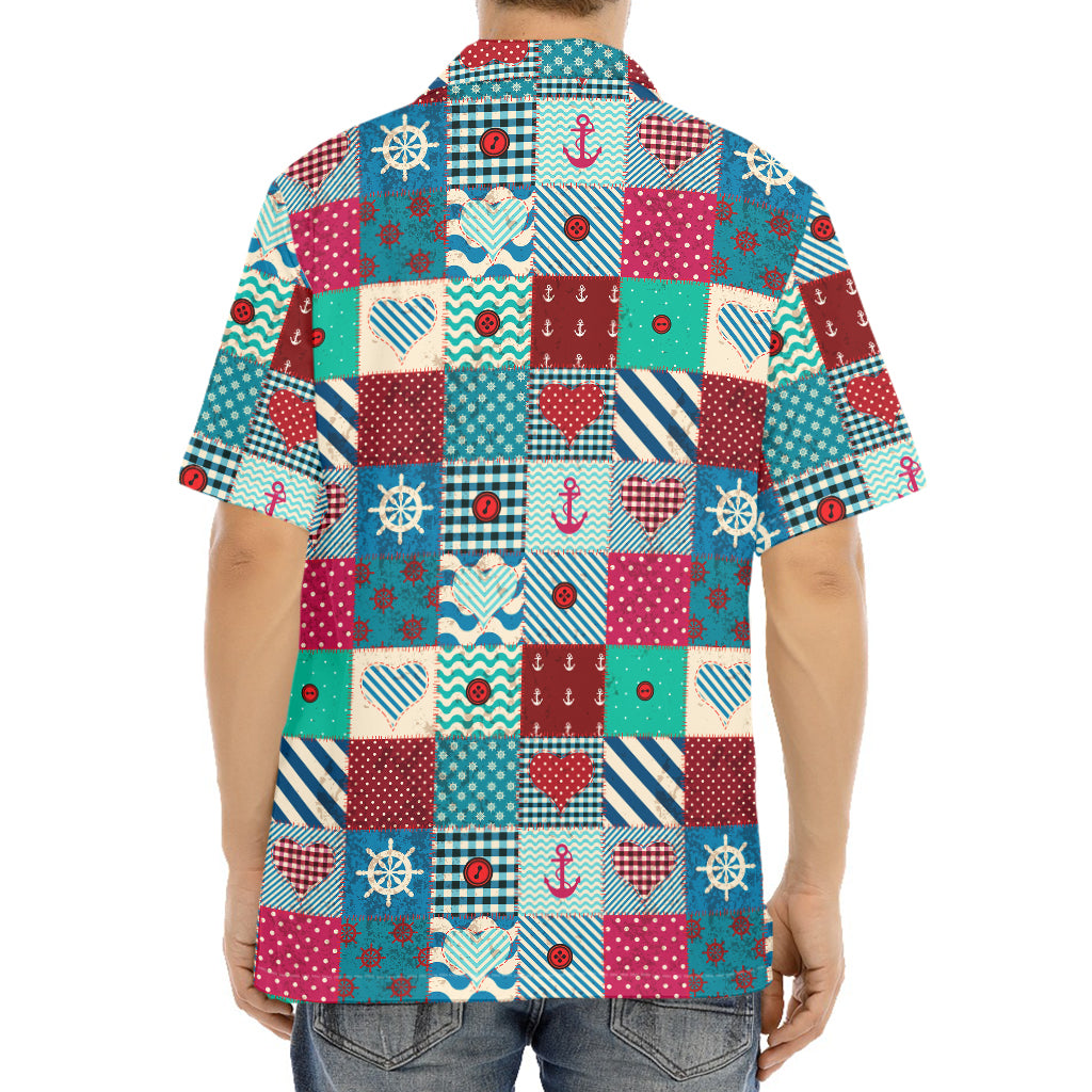 Retro Nautical Patchwork Pattern Print Aloha Shirt