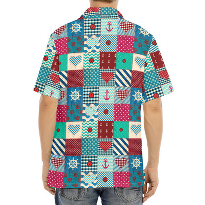 Retro Nautical Patchwork Pattern Print Aloha Shirt
