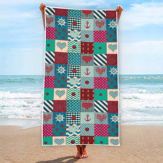 Retro Nautical Patchwork Pattern Print Beach Towel