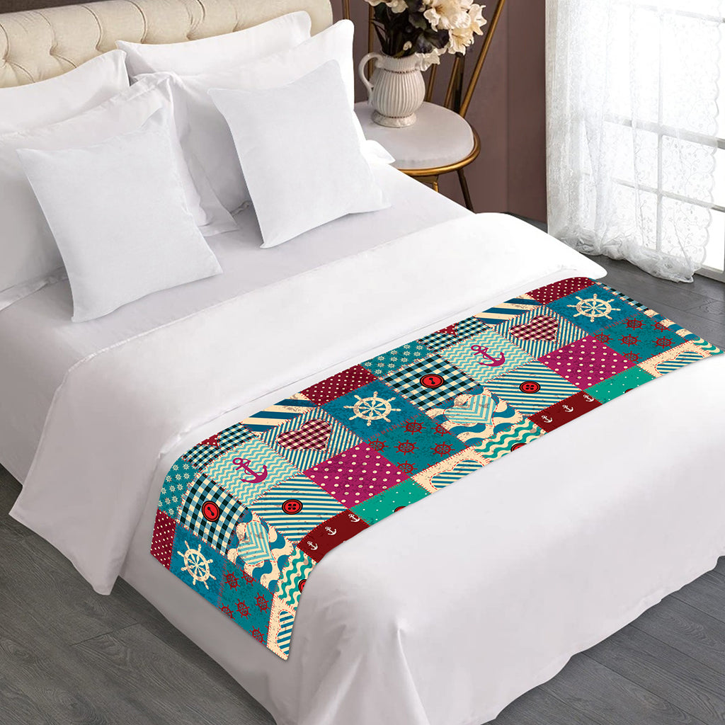 Retro Nautical Patchwork Pattern Print Bed Runner