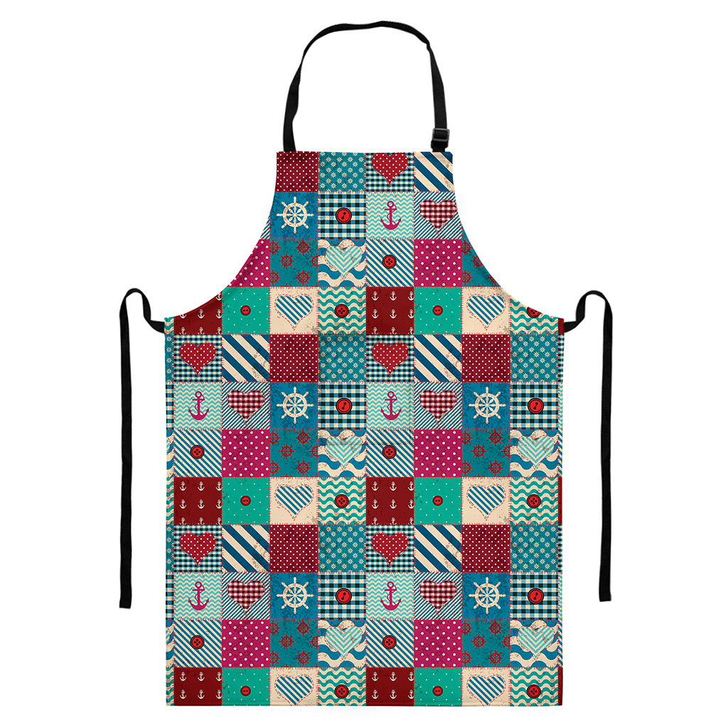 Retro Nautical Patchwork Pattern Print Bib Apron With Pocket