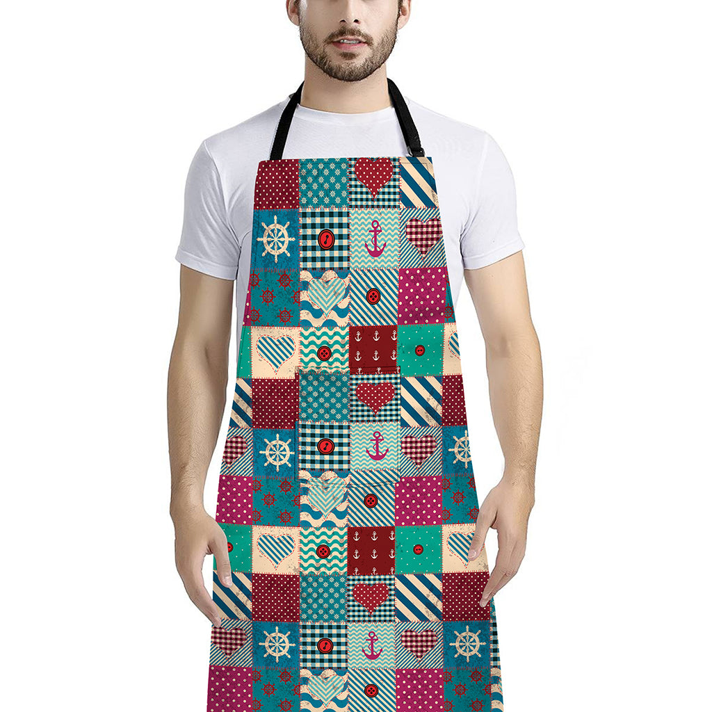 Retro Nautical Patchwork Pattern Print Bib Apron With Pocket