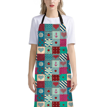 Retro Nautical Patchwork Pattern Print Bib Apron With Pocket