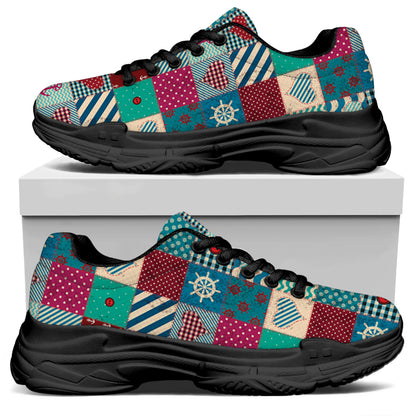 Retro Nautical Patchwork Pattern Print Black Chunky Shoes