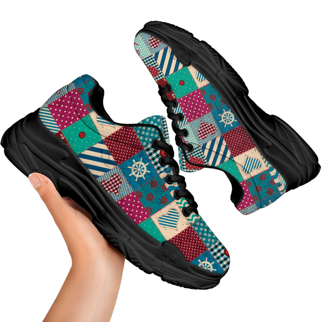 Retro Nautical Patchwork Pattern Print Black Chunky Shoes