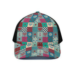 Retro Nautical Patchwork Pattern Print Black Mesh Trucker Cap