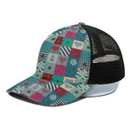 Retro Nautical Patchwork Pattern Print Black Mesh Trucker Cap