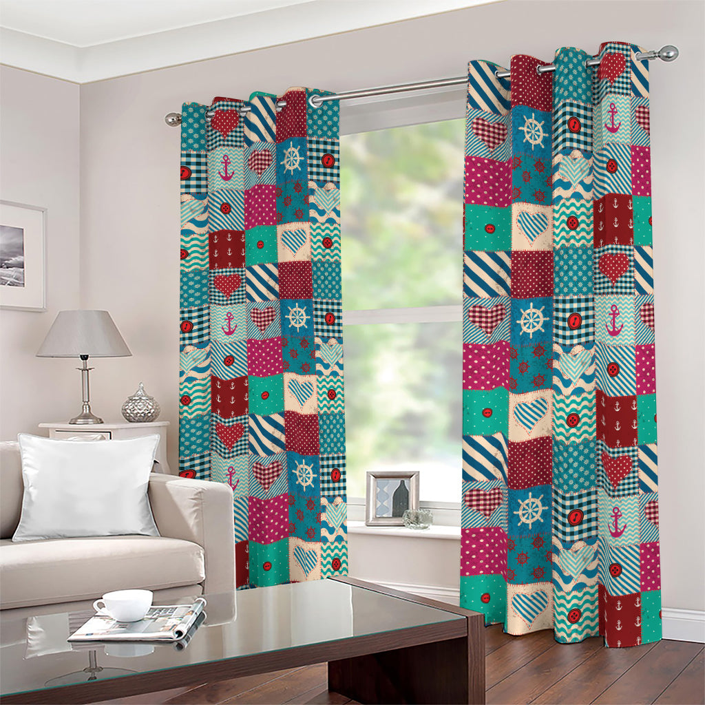 Retro Nautical Patchwork Pattern Print Blackout Grommet Curtains