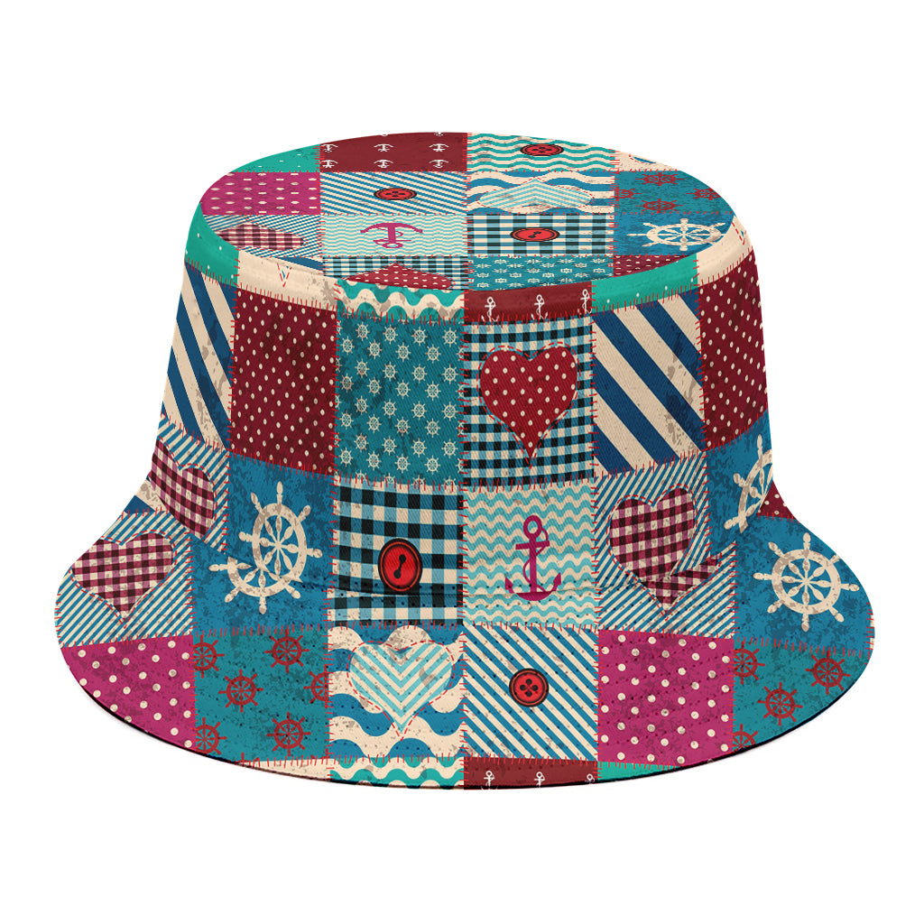 Retro Nautical Patchwork Pattern Print Bucket Hat