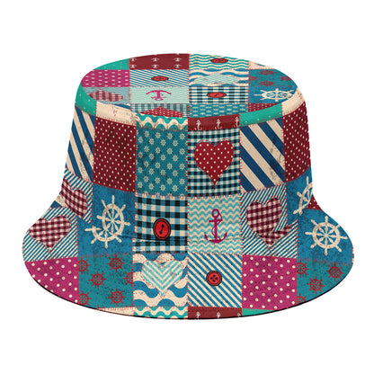 Retro Nautical Patchwork Pattern Print Bucket Hat