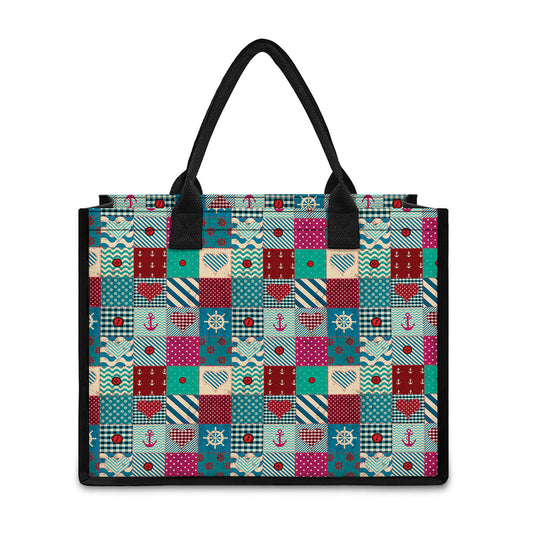 Retro Nautical Patchwork Pattern Print Canvas Tote Bag