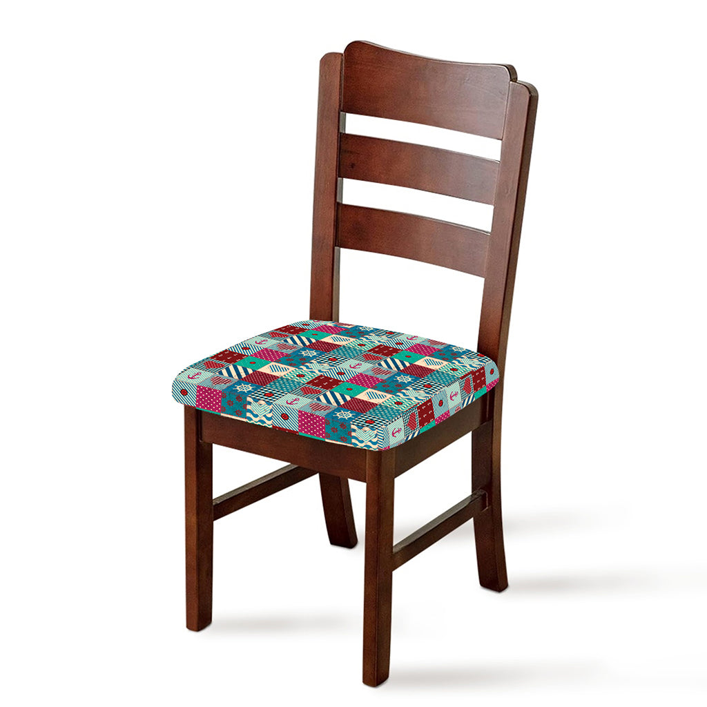 Retro Nautical Patchwork Pattern Print Chair Cushion Cover