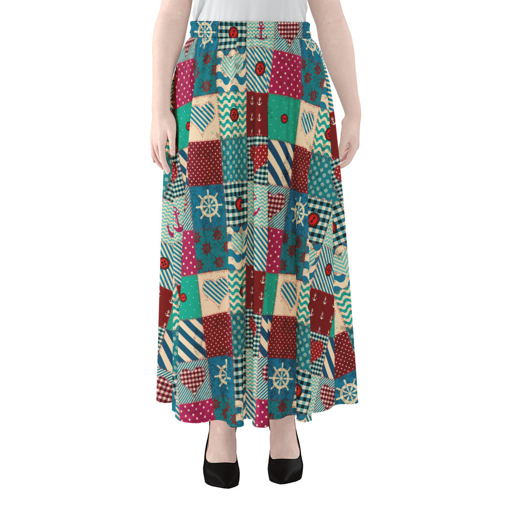 Retro Nautical Patchwork Pattern Print Chiffon Maxi Skirt