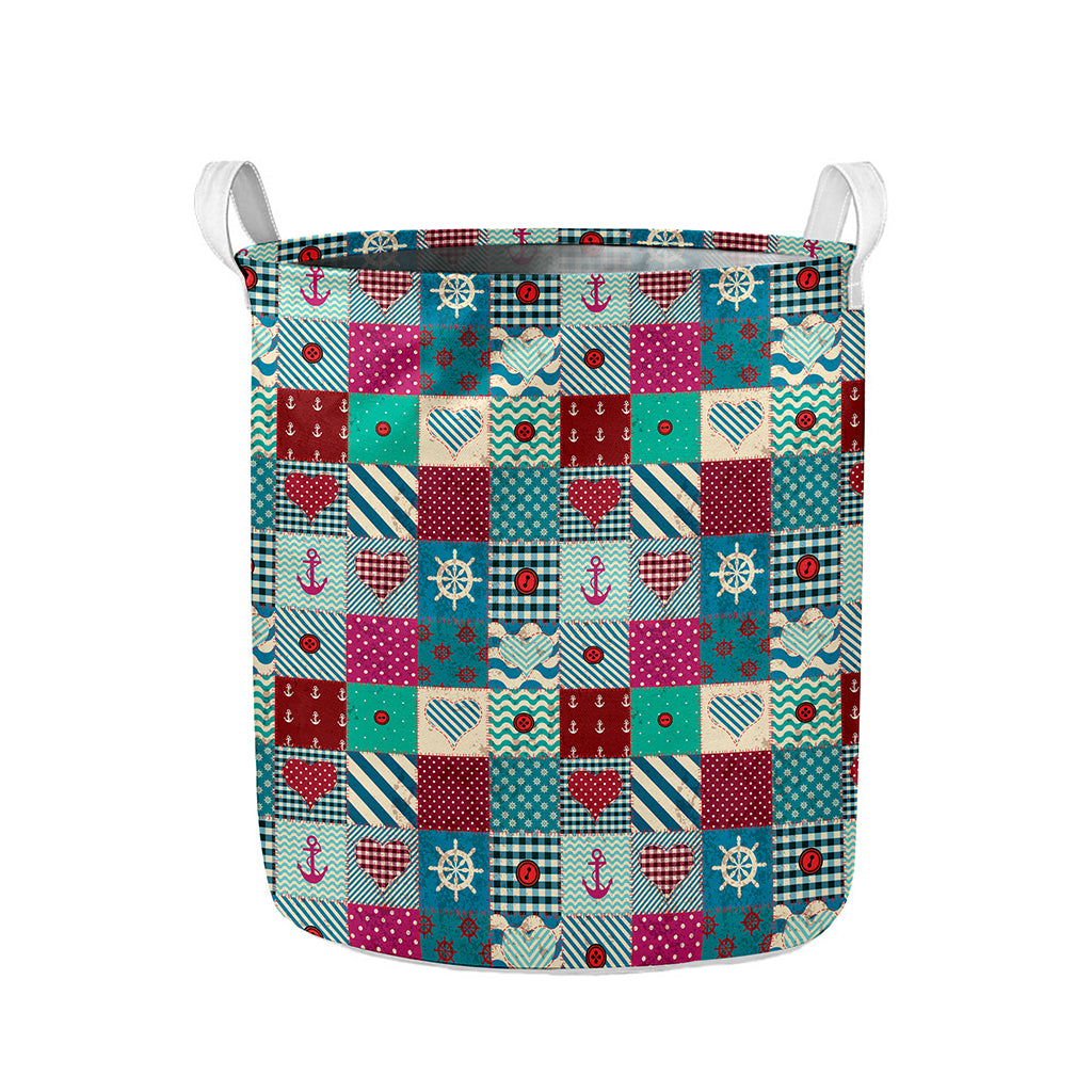 Retro Nautical Patchwork Pattern Print Collapsible Laundry Basket