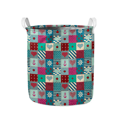 Retro Nautical Patchwork Pattern Print Collapsible Laundry Basket