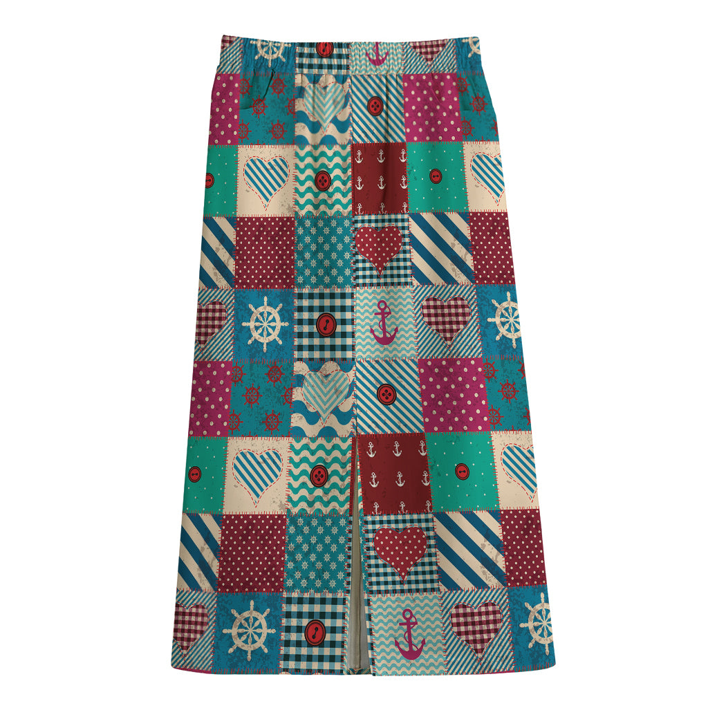 Retro Nautical Patchwork Pattern Print Cotton Front Slit Maxi Skirt