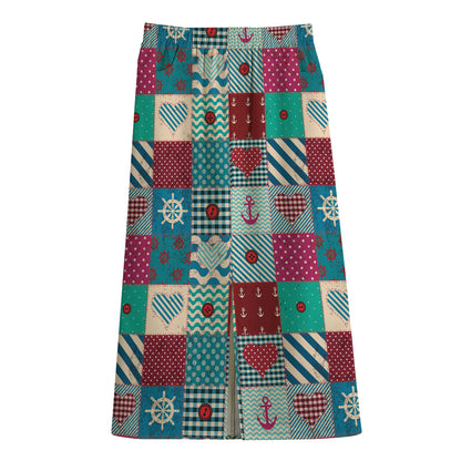 Retro Nautical Patchwork Pattern Print Cotton Front Slit Maxi Skirt