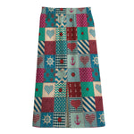 Retro Nautical Patchwork Pattern Print Cotton Front Slit Maxi Skirt