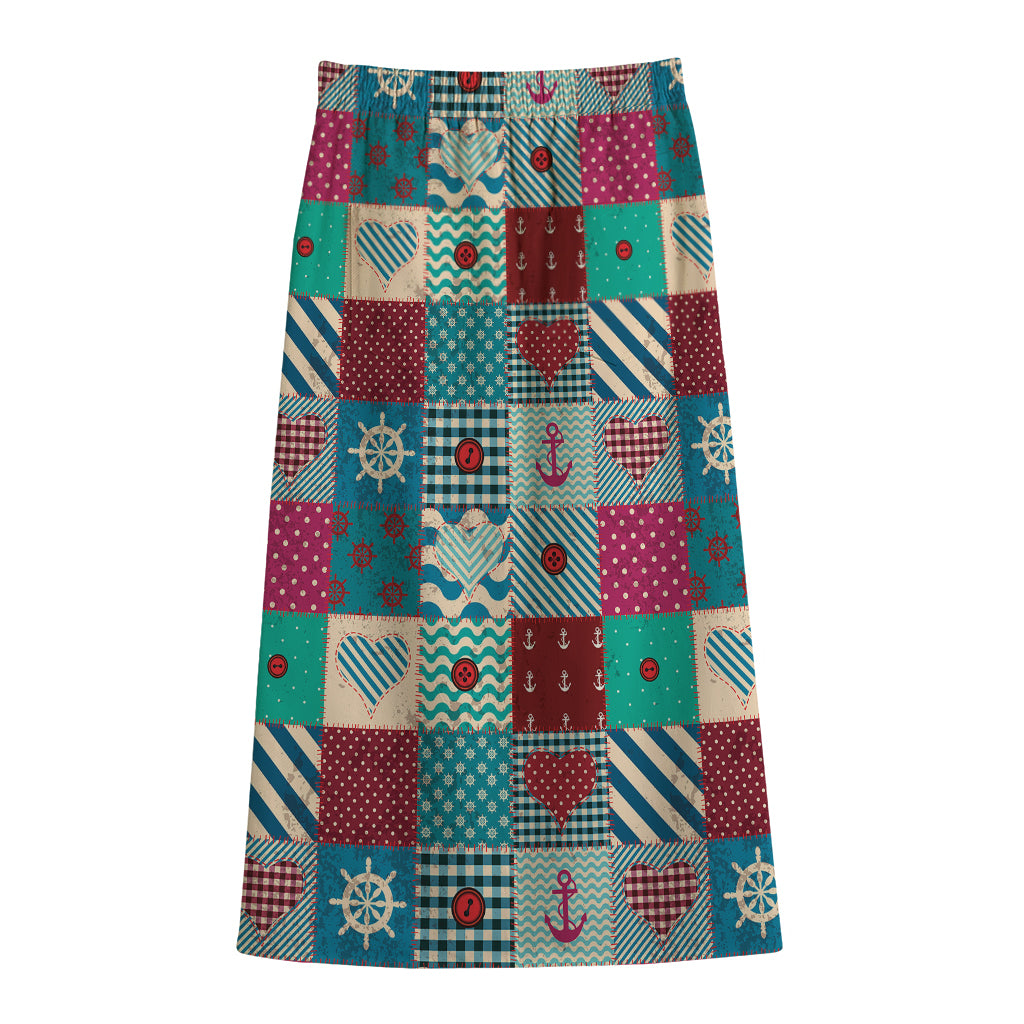 Retro Nautical Patchwork Pattern Print Cotton Front Slit Maxi Skirt