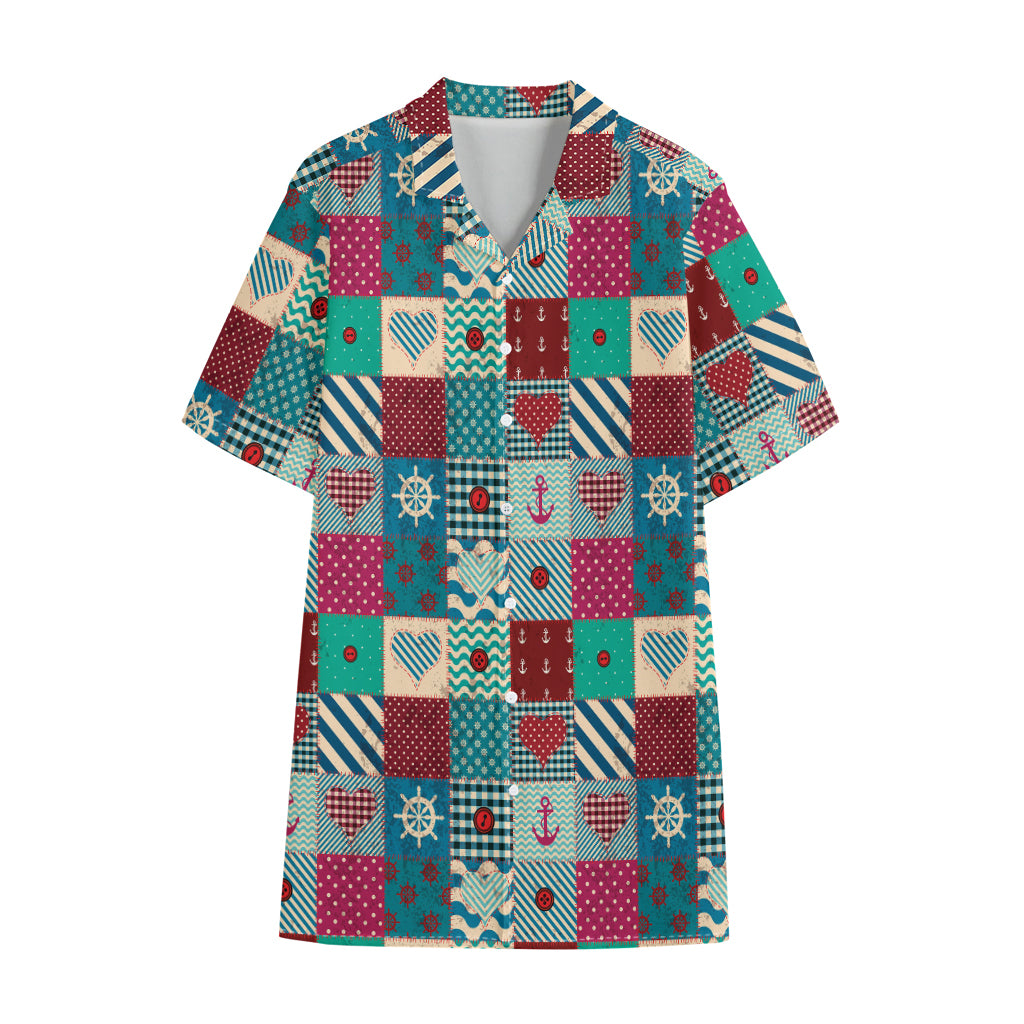 Retro Nautical Patchwork Pattern Print Cotton Hawaiian Shirt