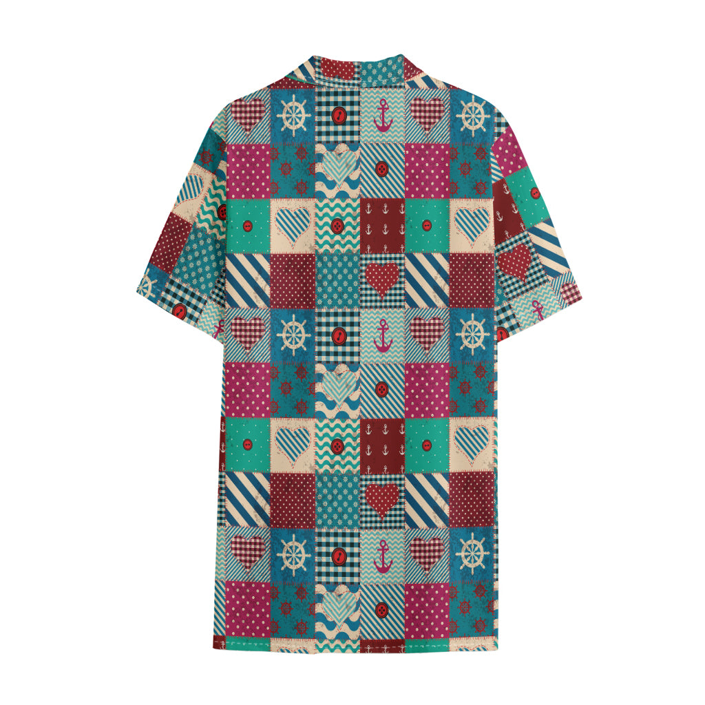 Retro Nautical Patchwork Pattern Print Cotton Hawaiian Shirt