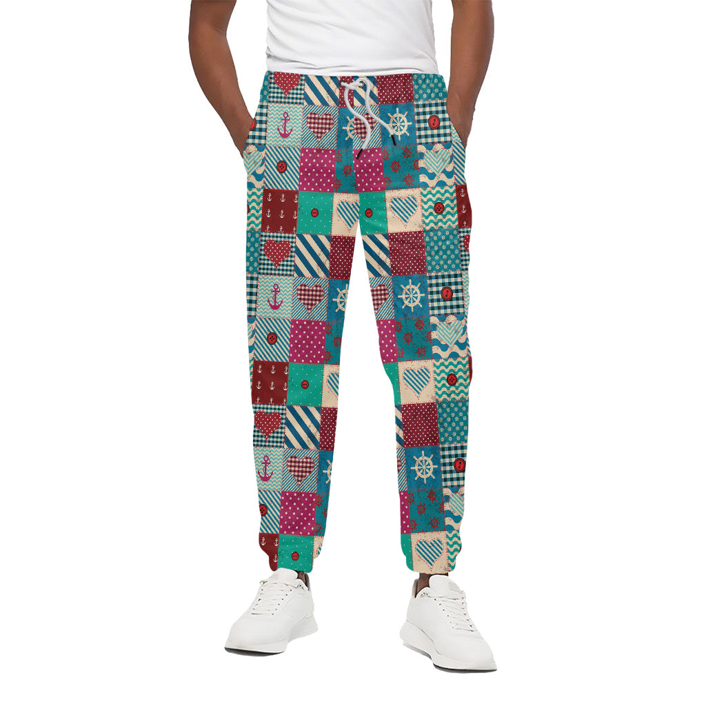 Retro Nautical Patchwork Pattern Print Cotton Pants