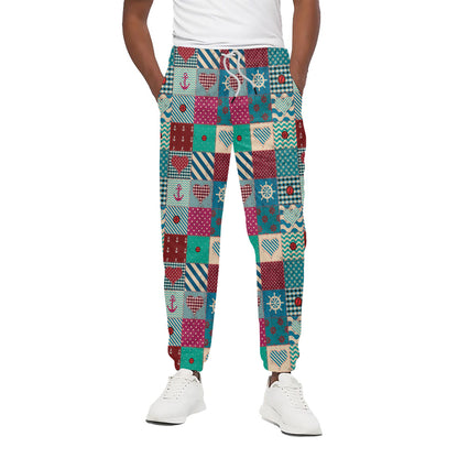Retro Nautical Patchwork Pattern Print Cotton Pants