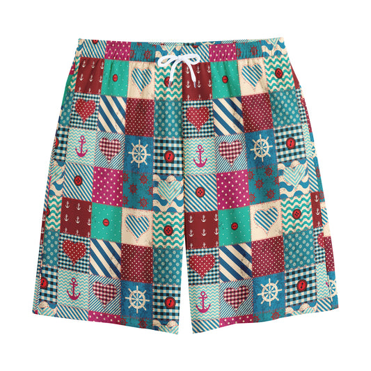 Retro Nautical Patchwork Pattern Print Cotton Shorts