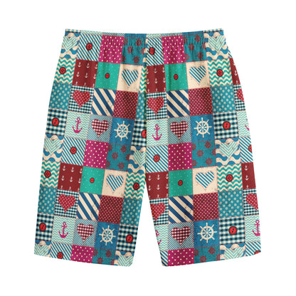 Retro Nautical Patchwork Pattern Print Cotton Shorts