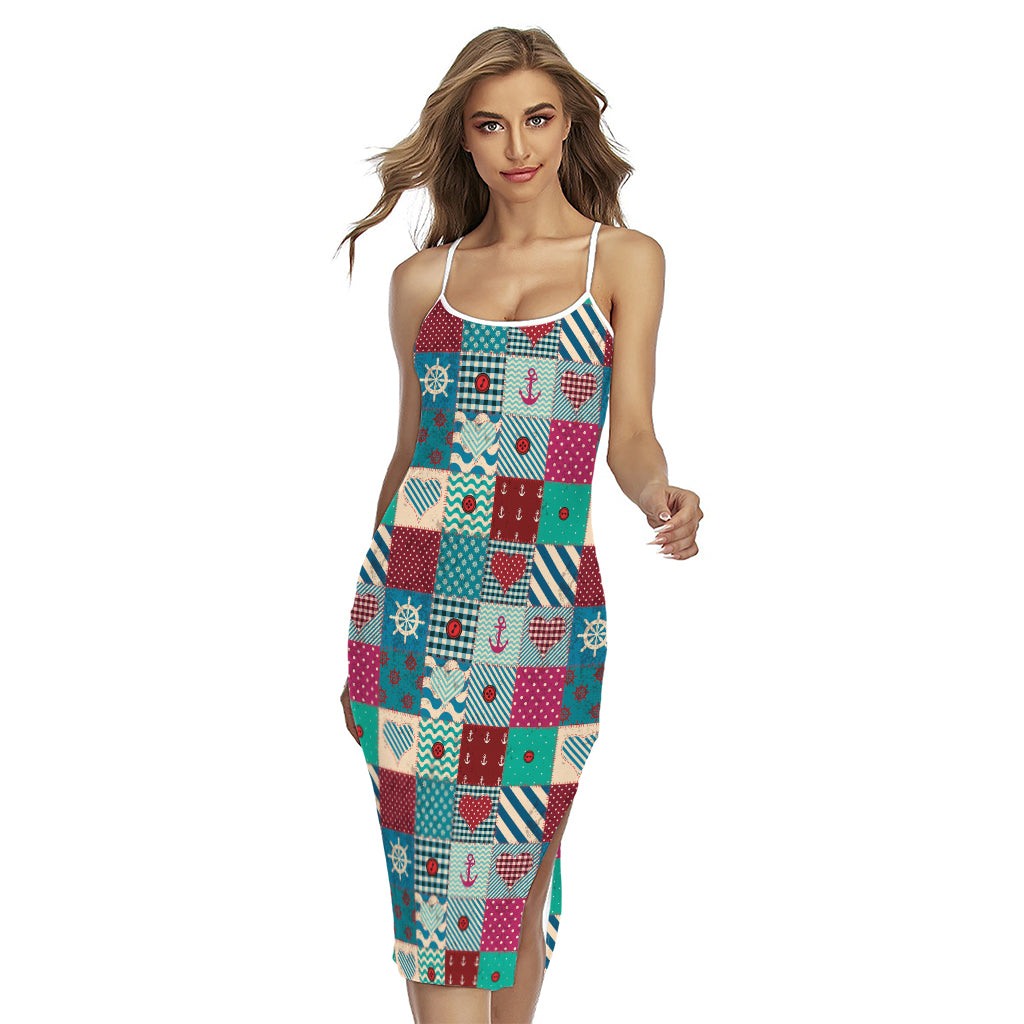 Retro Nautical Patchwork Pattern Print Cross Back Cami Dress
