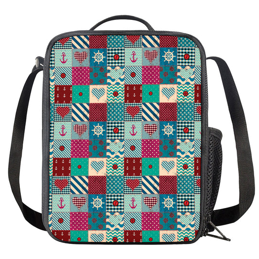 Retro Nautical Patchwork Pattern Print Crossbody Lunch Bag