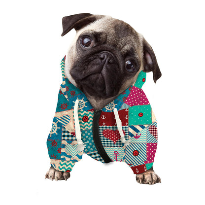 Retro Nautical Patchwork Pattern Print Dog Zip Up Hoodie