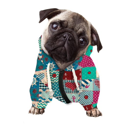 Retro Nautical Patchwork Pattern Print Dog Zip Up Hoodie