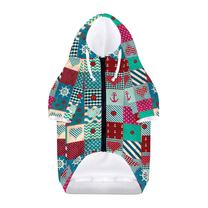 Retro Nautical Patchwork Pattern Print Dog Zip Up Hoodie