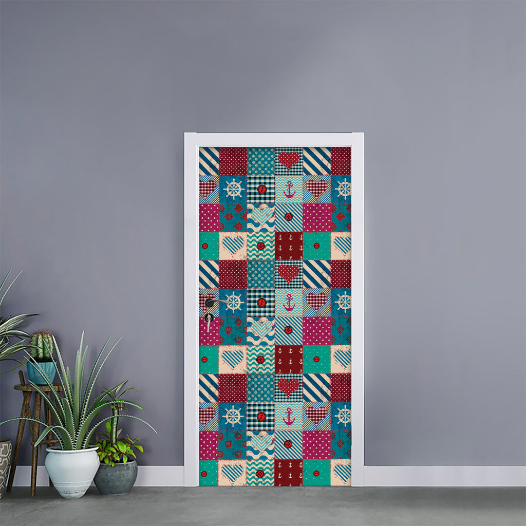 Retro Nautical Patchwork Pattern Print Door Sticker