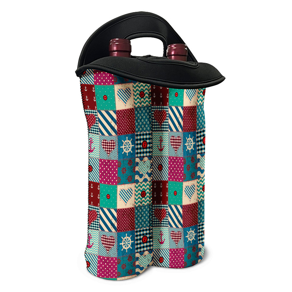 Retro Nautical Patchwork Pattern Print Double Neoprene Wine Tote
