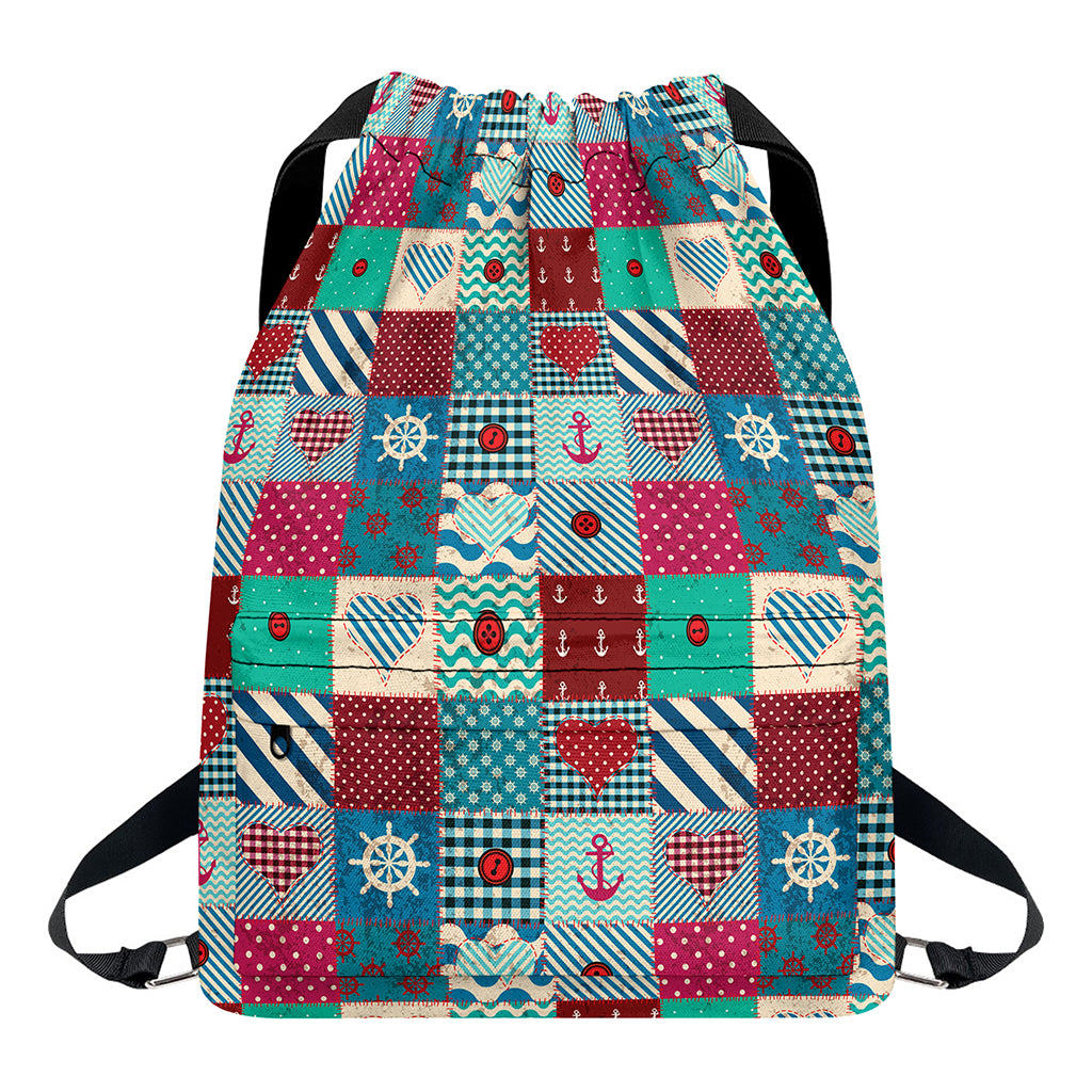 Retro Nautical Patchwork Pattern Print Drawstring Backpack