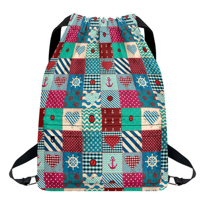 Retro Nautical Patchwork Pattern Print Drawstring Backpack