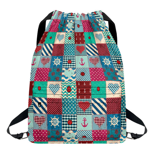 Retro Nautical Patchwork Pattern Print Drawstring Backpack