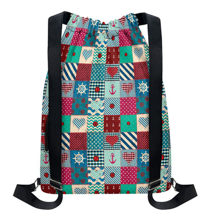 Retro Nautical Patchwork Pattern Print Drawstring Backpack