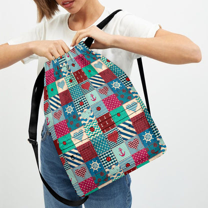 Retro Nautical Patchwork Pattern Print Drawstring Backpack