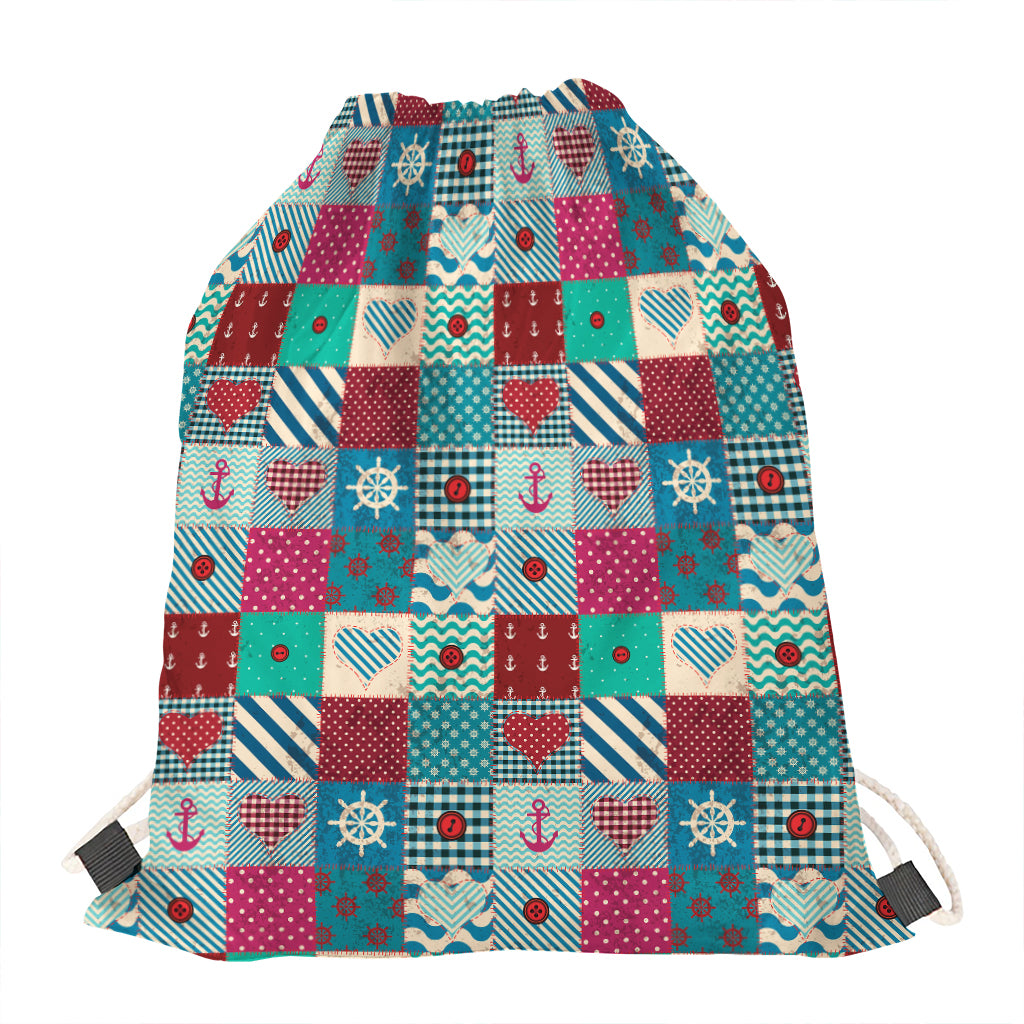 Retro Nautical Patchwork Pattern Print Drawstring Bag
