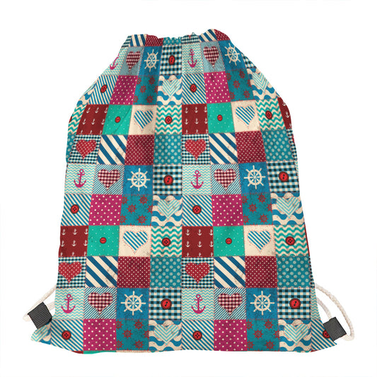 Retro Nautical Patchwork Pattern Print Drawstring Bag