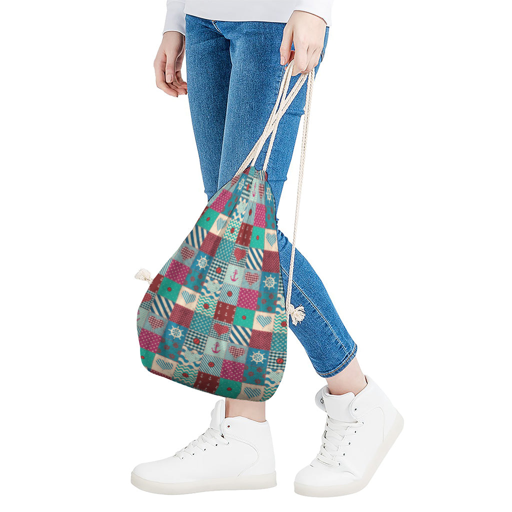Retro Nautical Patchwork Pattern Print Drawstring Bag