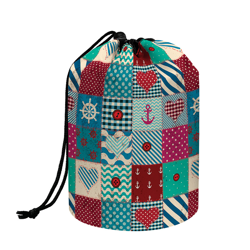 Retro Nautical Patchwork Pattern Print Drawstring Makeup Bag