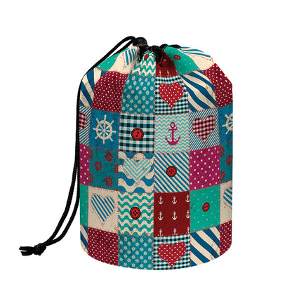 Retro Nautical Patchwork Pattern Print Drawstring Makeup Bag