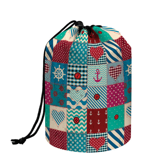 Retro Nautical Patchwork Pattern Print Drawstring Makeup Bag
