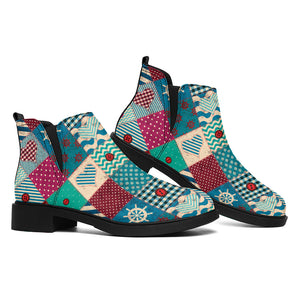 Retro Nautical Patchwork Pattern Print Flat Ankle Boots